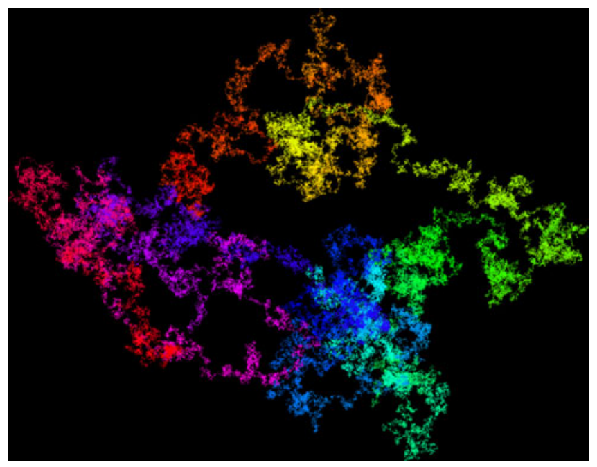 Imagen de 100 millardos de dígitos de Pi en base 4. La apariencia es la de una nebulosa sobre fondo negro y utilizando los colores del espectro visible.