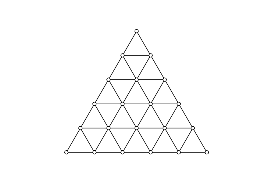 Malla triangular que se forma al comenzar con un triángulo grande, dividir cada lado en cinco segmentos, y dibujar desde cada vértices segmentos interiores al triángulo con ángulos de 0, 60 y 120 grados.