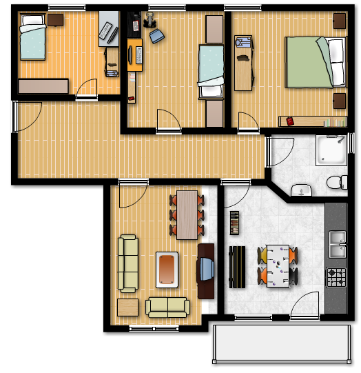 Plano de un piso con forma casi cuadrada. En el lado superior, tres habitaciones contiguas. En el inferior, cocina a la derecha y salón a la izquierda. En el lado derecho un baño.