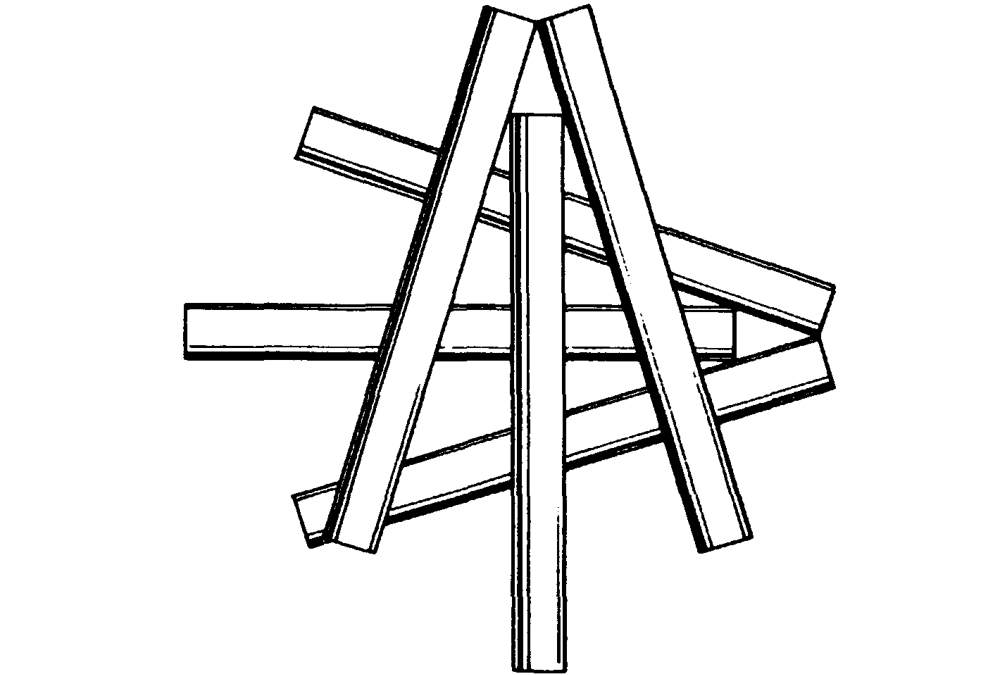 Seis cilindros formando dos flechas superpuestas, una en horizontal y otra en vertical, de modo que todos se tocan mutuamente.