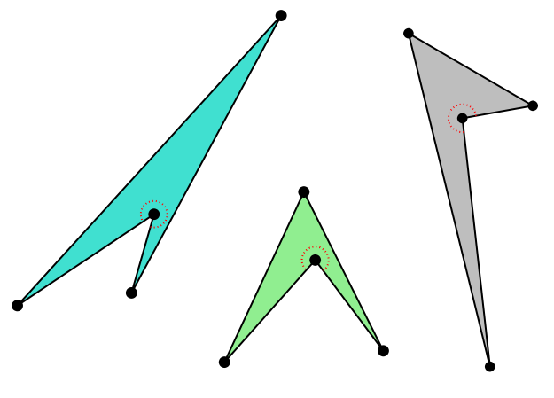 Tres polígonos cuya forma recuerda a un búmeran, aunque un lado puede ser más corto que el otro y tener distinto ángulo