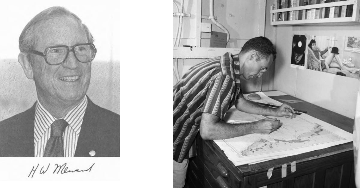 Izquierda: Foto y firma de Henry William Menard. Derecha: Foto de Robert Lloyd Fisher trabajando sobre un plano.